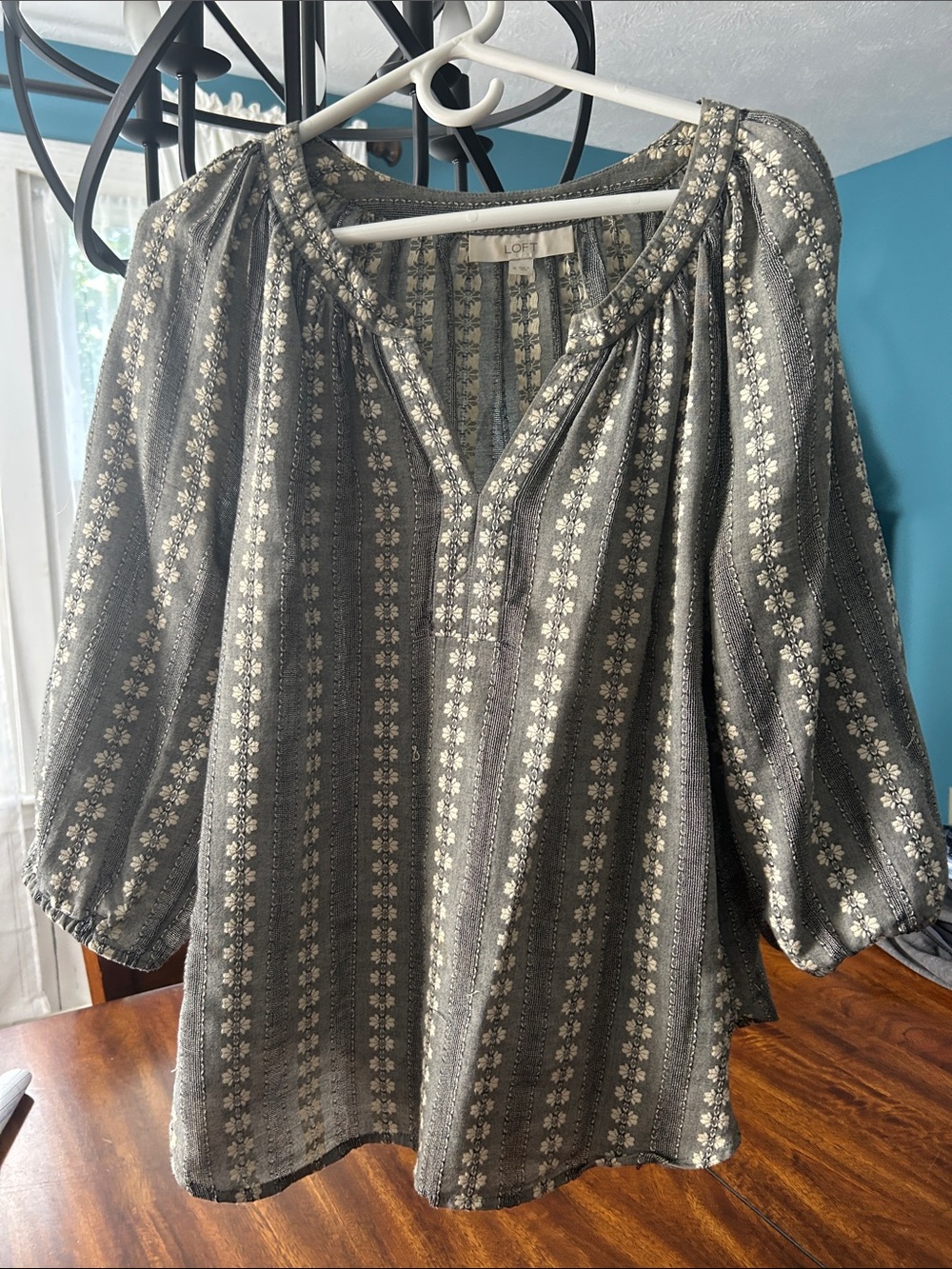 LOFT Gray Floral-Stripe Peasant Blouse